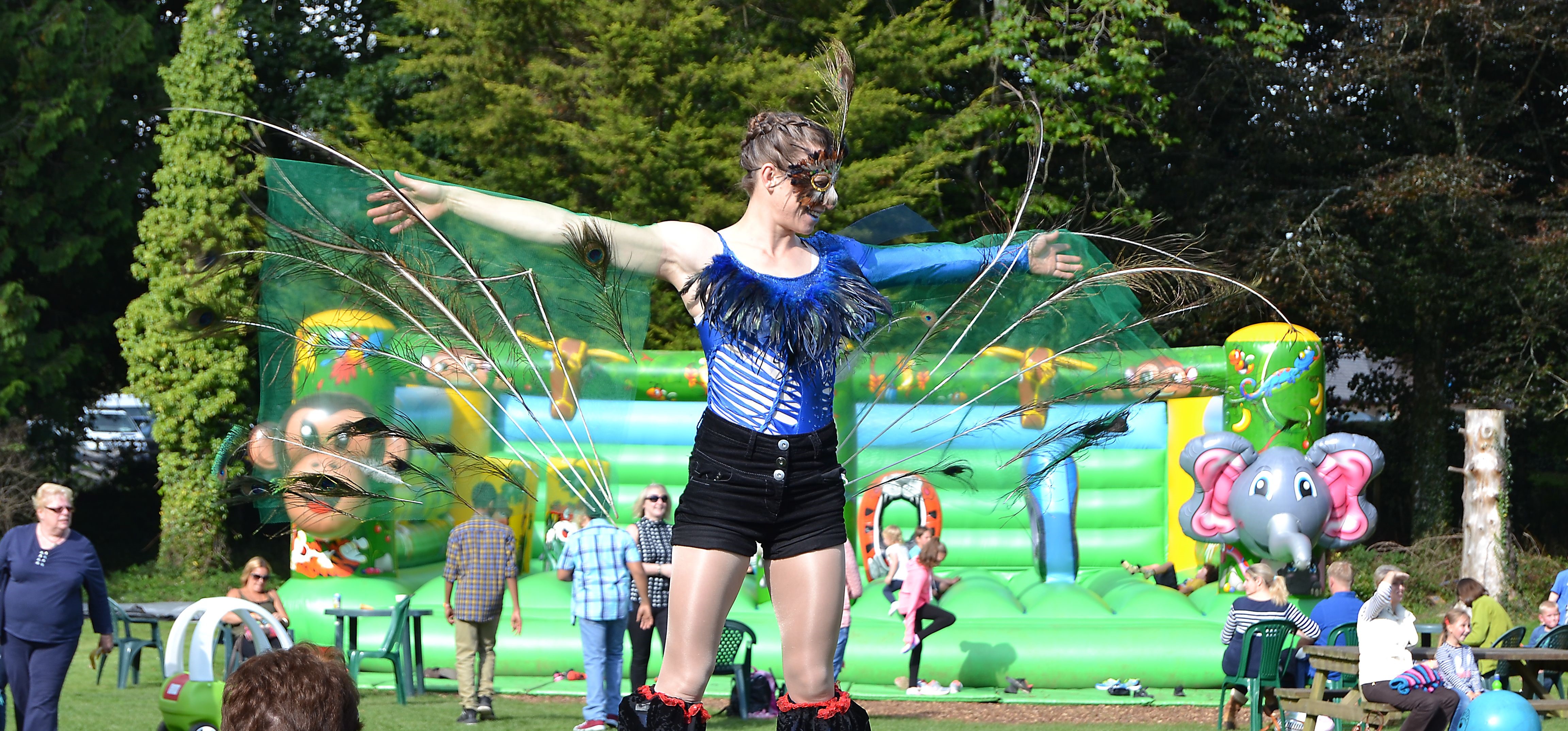 Performer on stilts dressed as a peacock outdoors at Manor Wildlife Park in Pembrokeshire