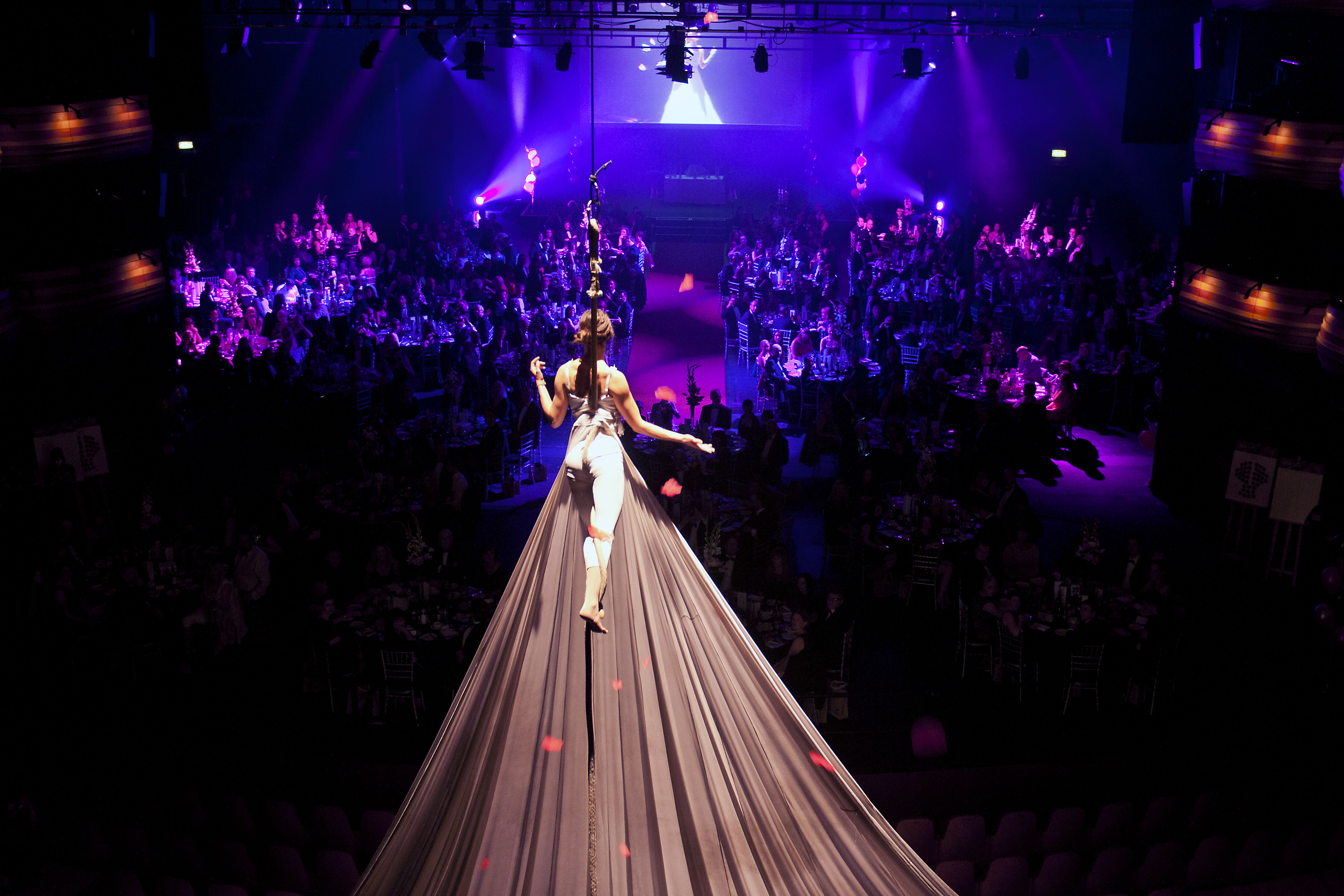 A NoFit State circus performer suspended from an aerial rig at the Arts & Business Cymru Awards at Wales Millennium Centre