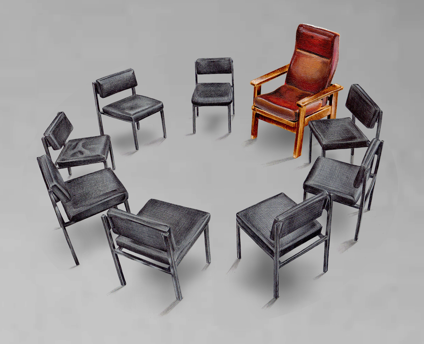 One Flew Over the Cuckoo’s Nest, by Carrie Francis, consisting of black chairs and one larger, brown chair in a circle  
