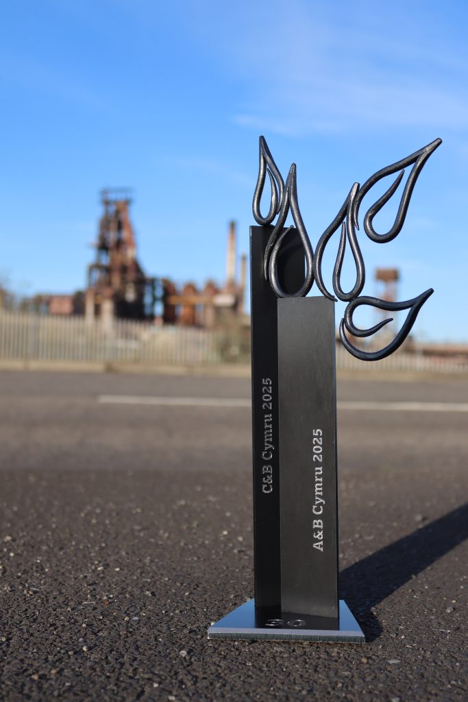Photo of 2025 Awards Trophy with Port Talbot Steelworks in background